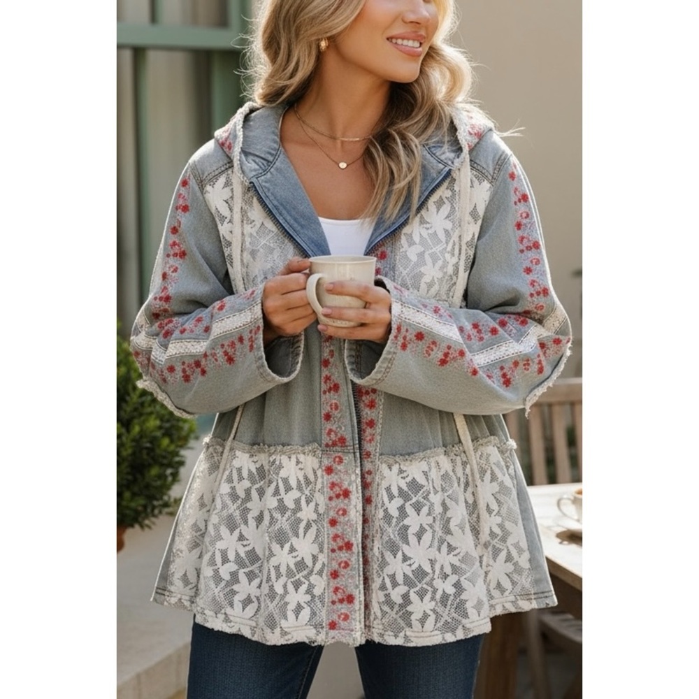 POL Patchwork Denim Hoodie Jacket | Lace Detail Floral Embroidery